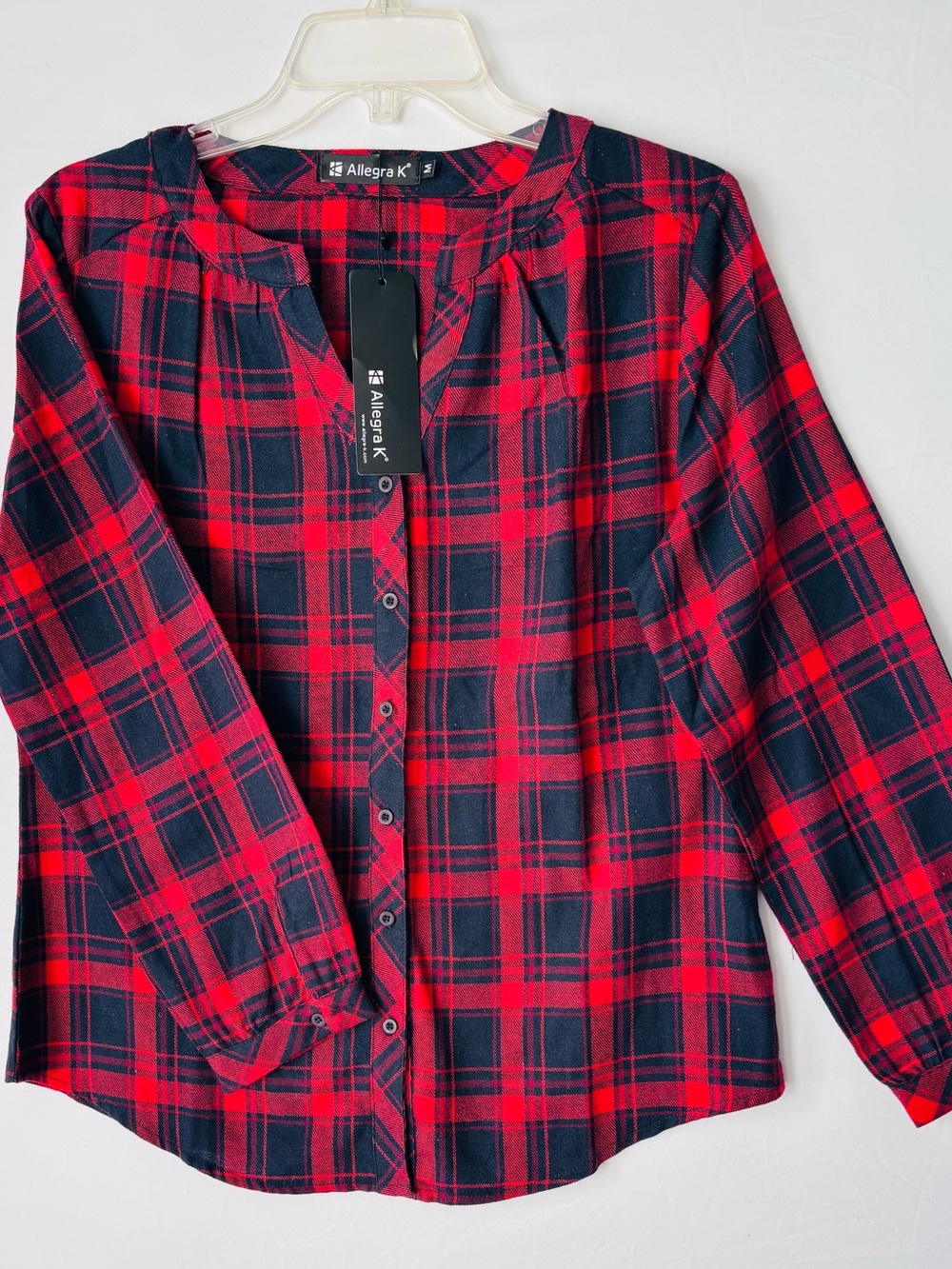 Allegra K Red Black Plaid Long Sleeve Button Up Blouse Split Neck NWT Size M